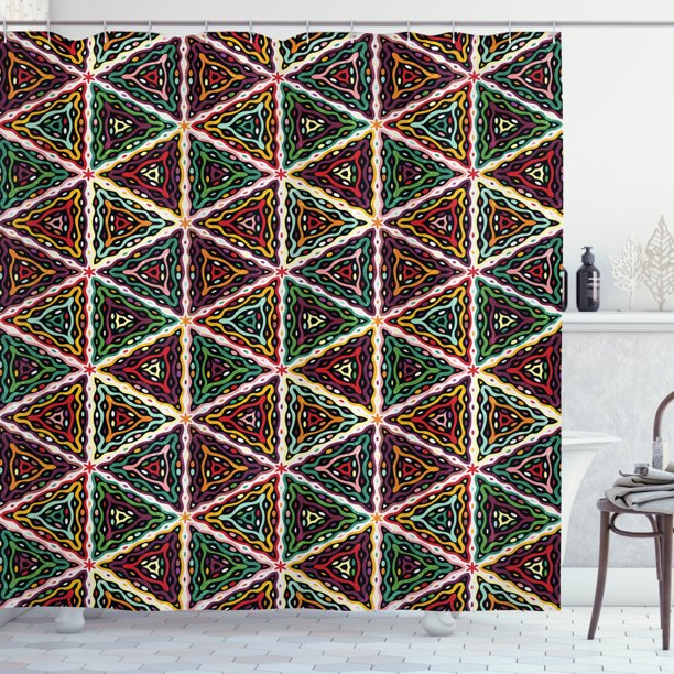 African Shower Curtain, Grunge Triangle Design Colorful Geometric