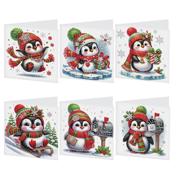 6 pcs Diamond Art Painted Greeting Card, Christmas Penguin 5D DIY Special Shape Diamond Card Creative Gift, Christmas Thanksgiving Greeting Card Congratulation