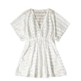 thumbnail image 2 of WOXIHUAN Girls Cover Up Crochet Bathing Suit Short Sleeve V Neck Summer Beach Dress for 7-16 Years White 7-8 Years, 2 of 7