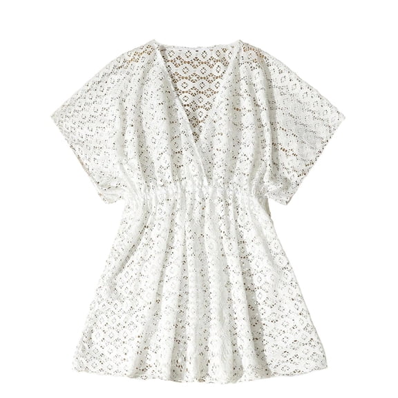 ZACPNCV Girls Mesh Lace Cover Up 7-16 Years Old Solid Color V Neck Short Sleeve Beach Dress UPF 50 Protection