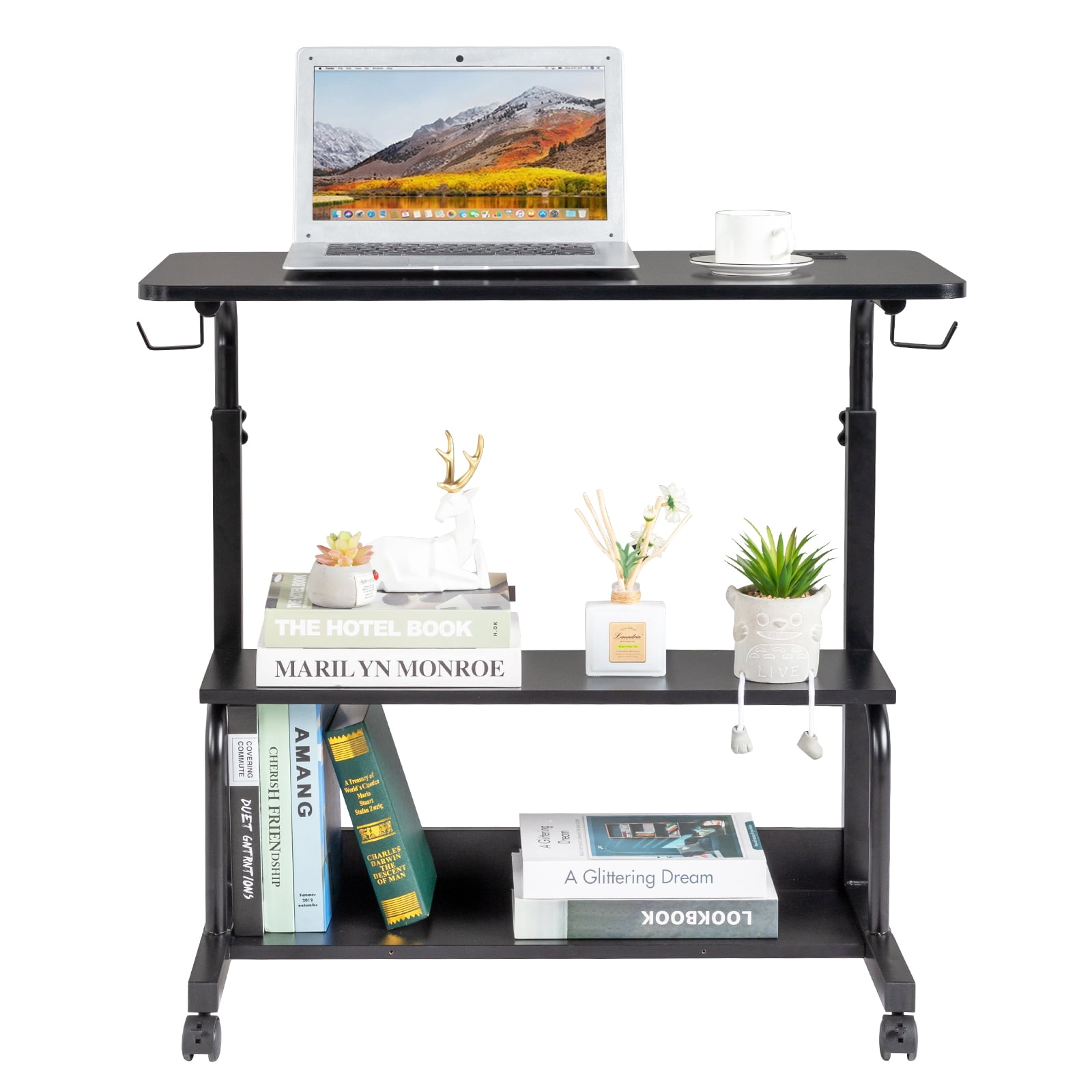 Adjustable Computer Desk with 3 USB + 2 AC Outlets, Black Wood Grain P2 15MM Particle Board with Melamine Coating