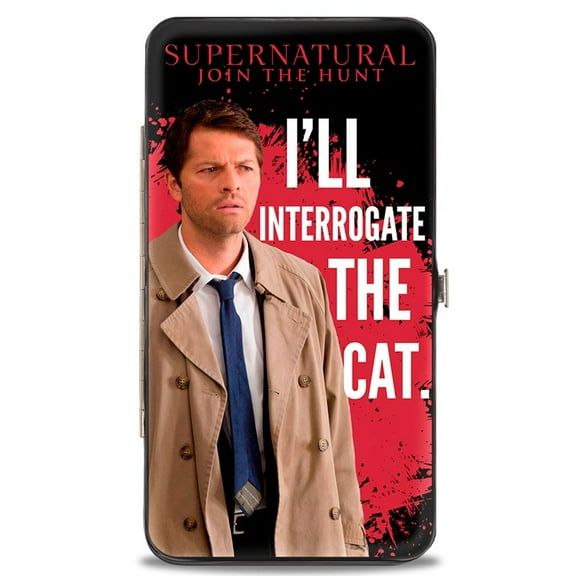 Supernatural Wallet, Hinged, Castiel Ill Interrogate The Cat Black Blood Splatter White, Vegan Leather