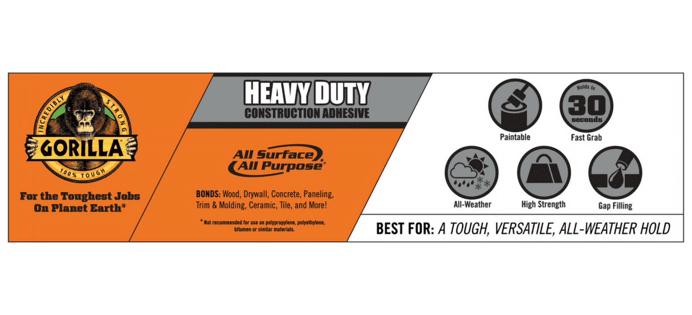(2 pack) Gorilla Heavy Duty Construction Adhesive, White Glue, 7 Ounce Squeeze Tube