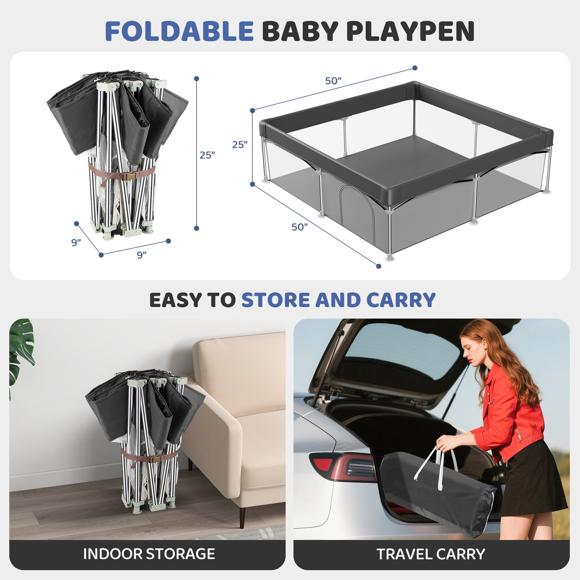 babyeap Foldable Baby Playpen,Playpens for Babies and Toddlers with Storage Bag,Indoor & Outdoor Baby Fence Play Pen Area,Dark Gray