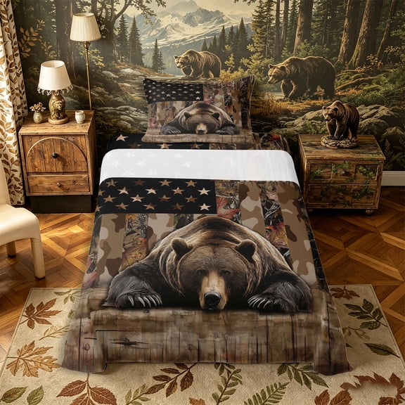 Castle Fairy Rustic American Flag Twin Sheets 3pcs,Jungle Animal Bear Bedding,Brown Black Tan,1 Fitted Sheet, 1 Flat Sheet and 1 Pillowcase