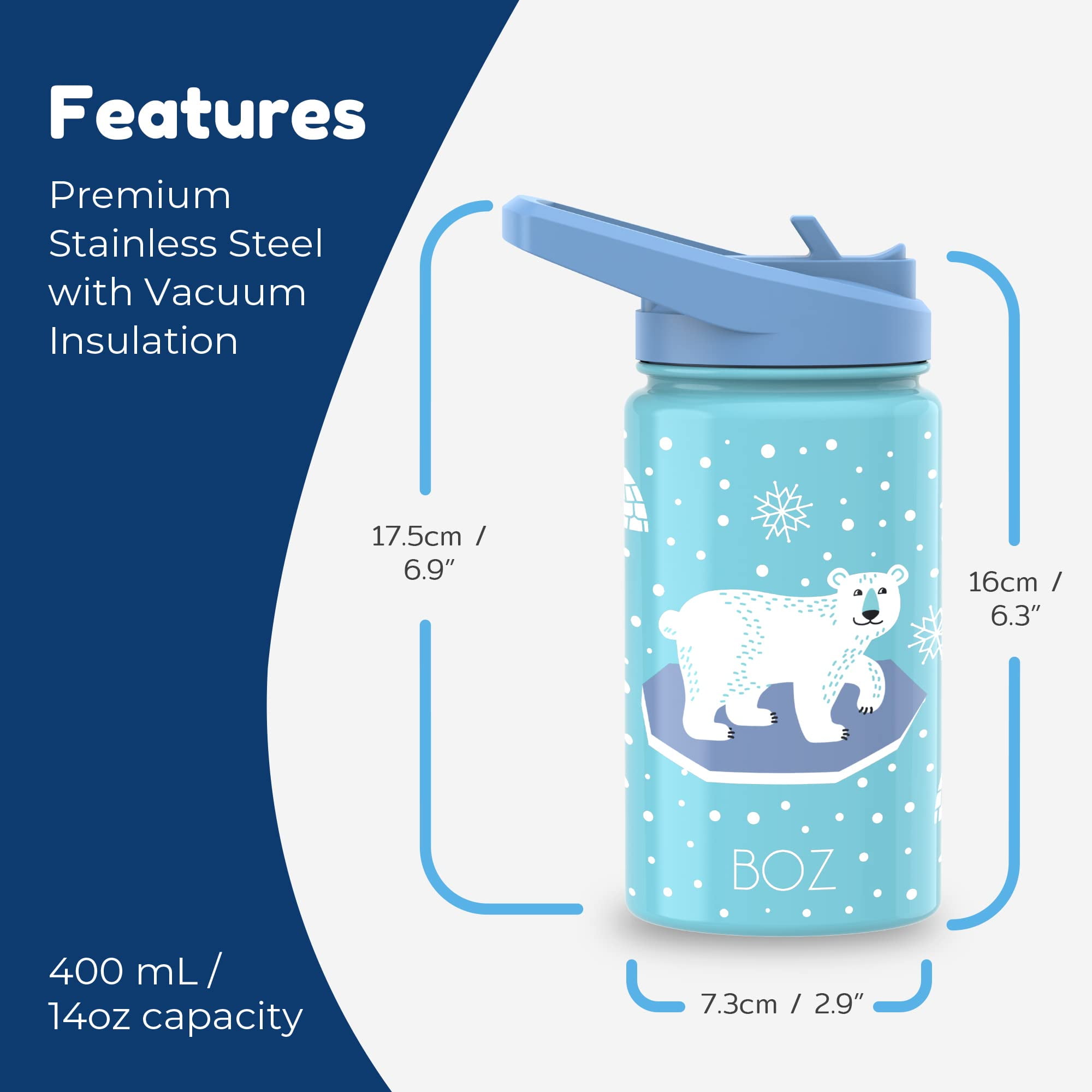 BOZ Kids Insulated Water Bottle with Straw Lid, Stainless Steel (Space)