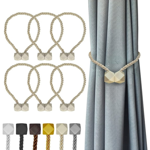 Magnetic Curtain Tiebacks Beige 6 Pack, Curtain Tiebacks Buckles Holdbacks Holders Hooks Clip for Home Bedroom Office Decorative Thick or Thin Curtain