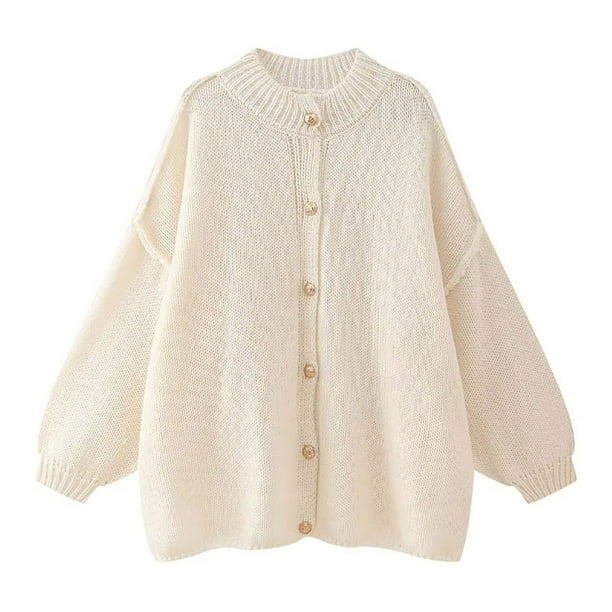 Suéter de cuello redondo para mujer, nuevo, informal y moderno, suelto, de color sólido, de manga larga, con cuello redondo y botones, chaqueta de suéter de cuello redondo, chaqueta de mujer con parte