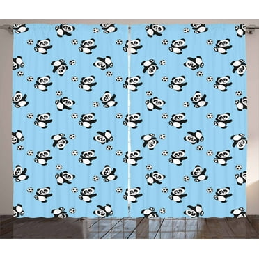 Ambesonne Soccer Curtains 2 Panel Set, Panda Kicking Ball, 108" x 90", Pale Blue Black White