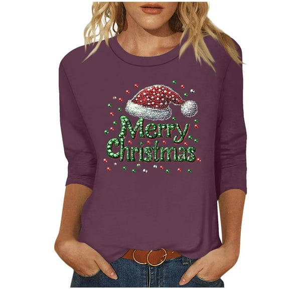 LiMoi Women's Round Neck Holiday Blouse Three Quarter Sleeve Featuring Classic Merry Christmas Text Tees Tshirts Tops My Items