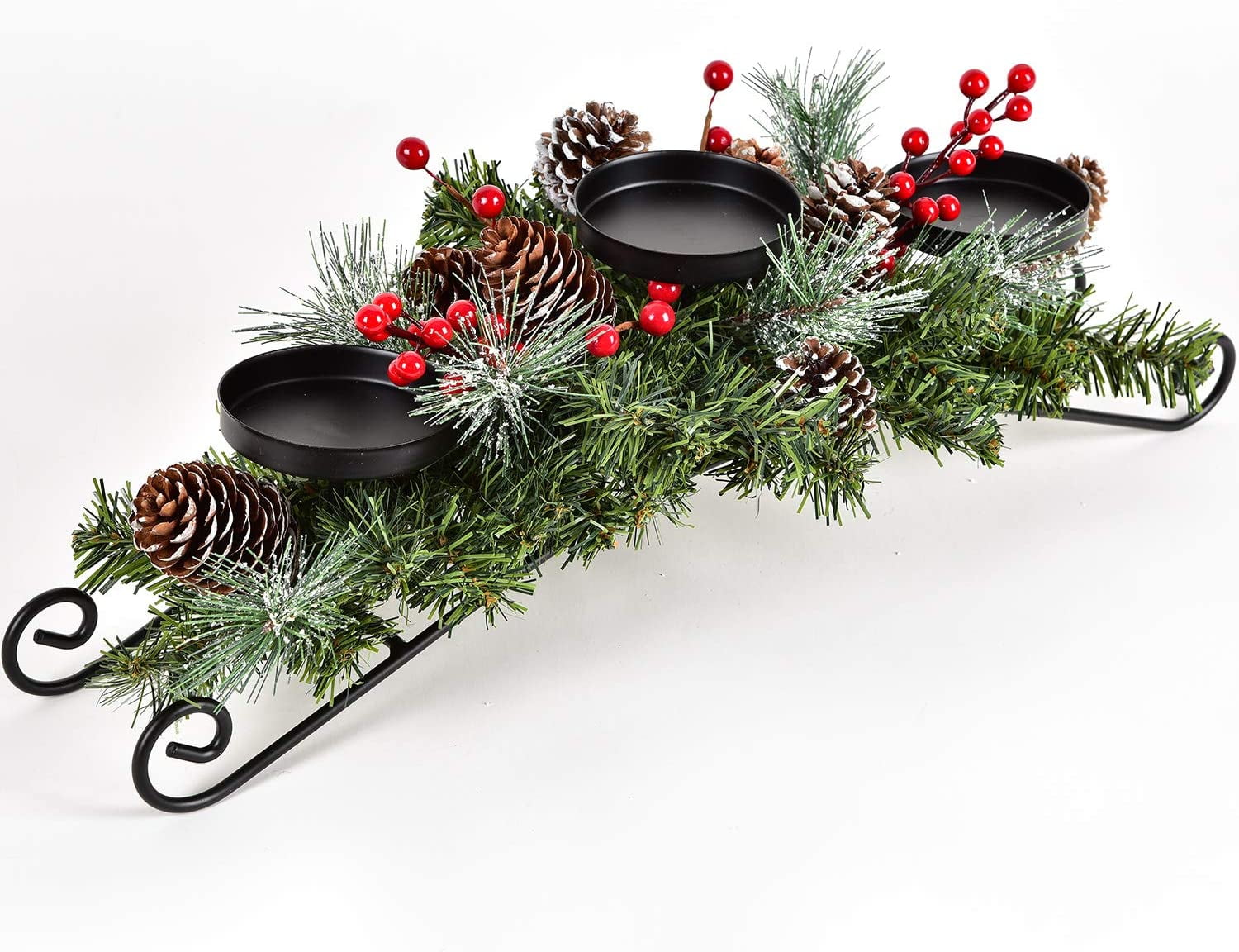 QWZNDZGR Christmas Candle Holder Centerpiece,Pine Cones and Red Berry Table Centerpiece with 3