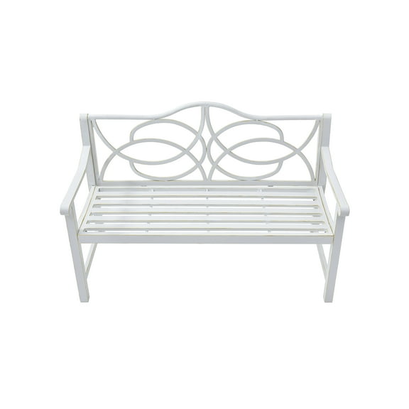 Royard Oaktree Outdoor Patio Bench, Garden Bench with Iron Metal Steel Frame, Backrest, and Armrests, Park Bench with Slatted Seat for 2-3 People for Lawn, Yard, Balcony, Porch, White