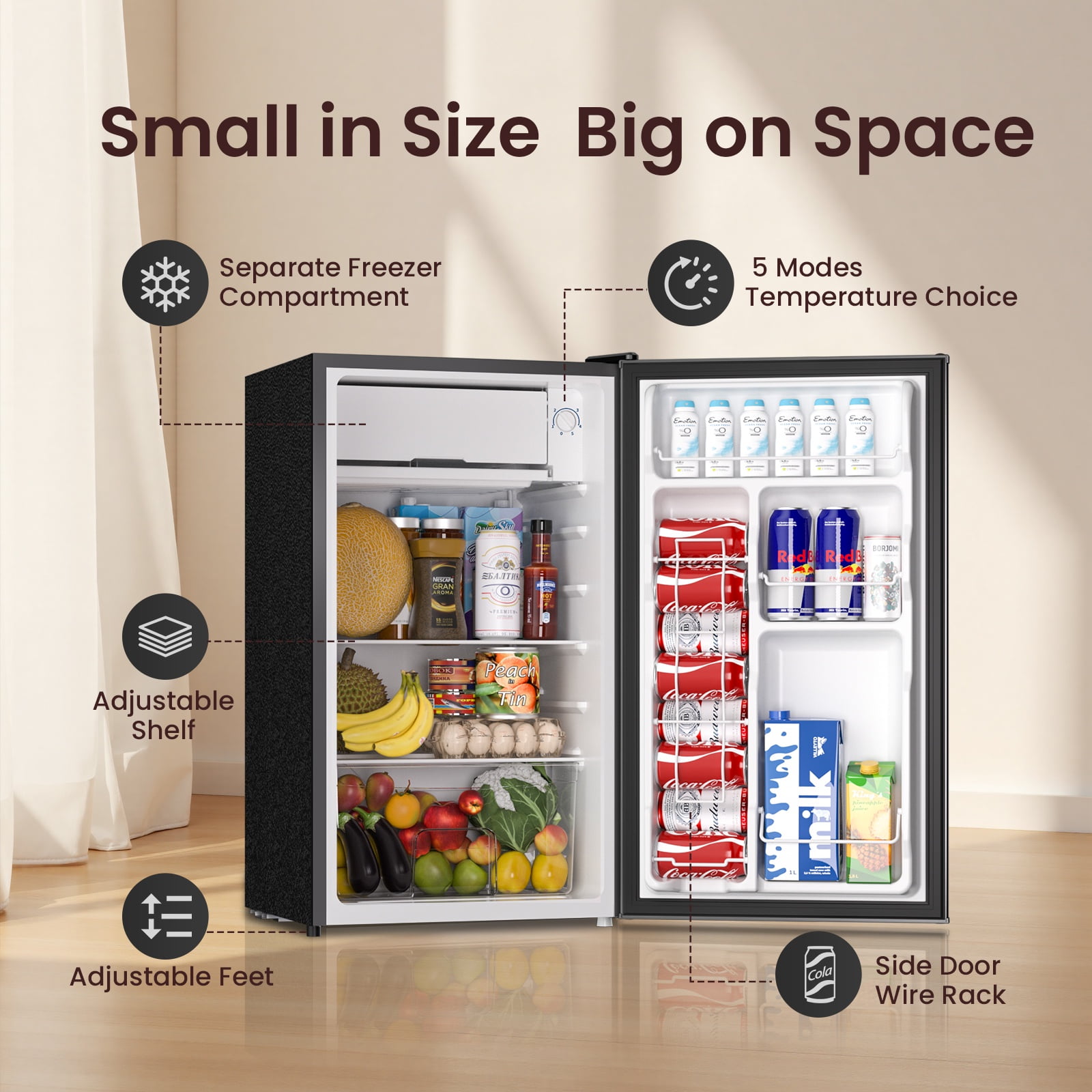 BANGSON 3.2 Cu.ft Mini Fridge with Freezer - Small Refrigerator for Bedroom Dorm Office, Compact Single Door, Adjustable 5-Temp & Quiet,Black