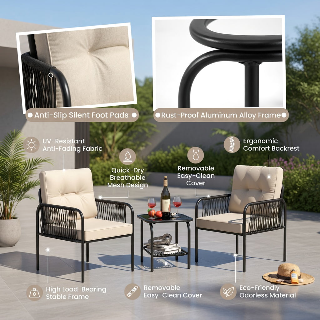 Hommoo 3-Piece PE Rattan Outdoor Bistro Set, Cushions, Black Wicker, Tempered Glass Coffee Table for Patio, Yard & Poolside, Beige
