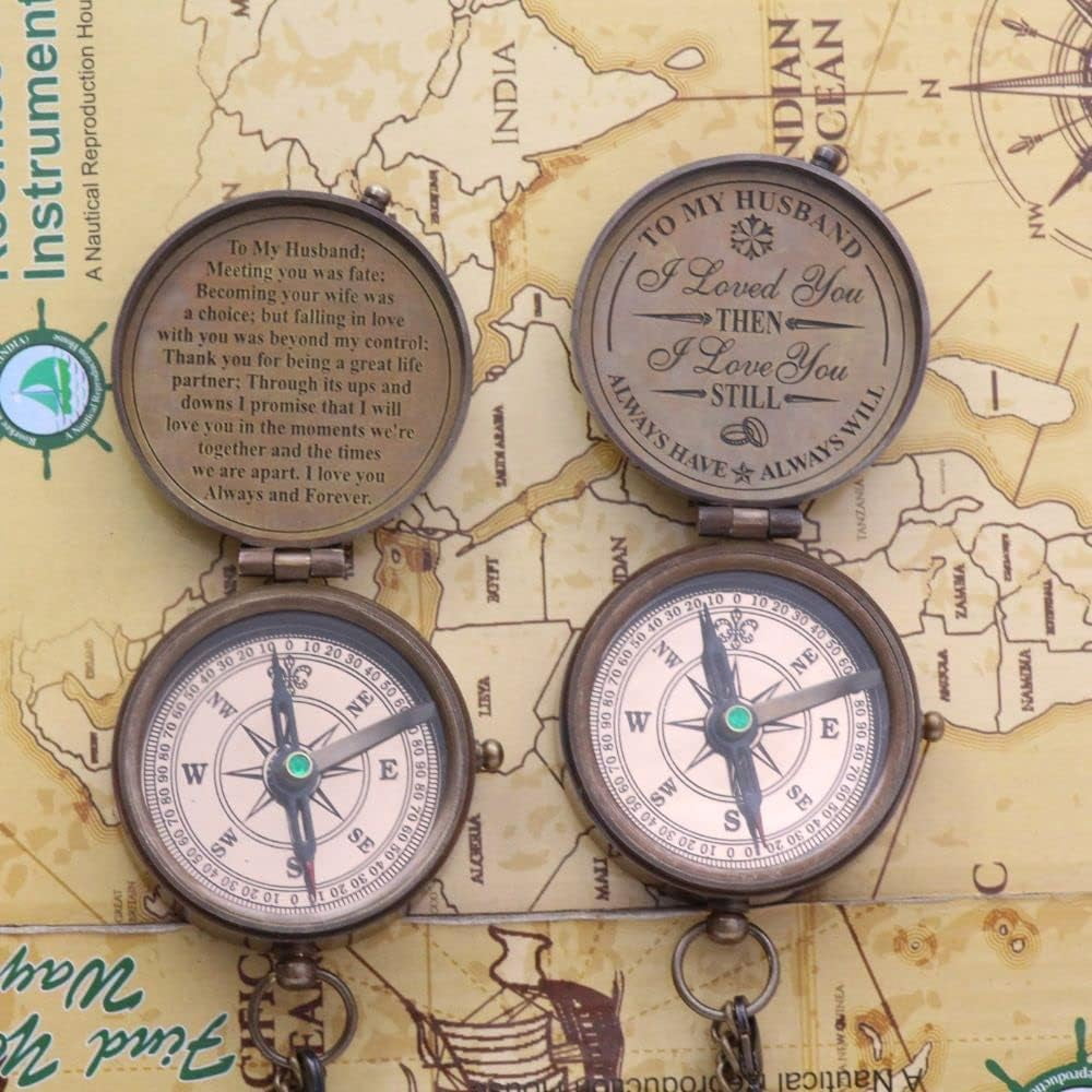 Maritime treasures to My Husband Solid Brass Compass with Leather Carry Case A Unique Gift to Your Fiancé, Boyfriend and Hubby Hiking Trekking Compass by DOLLOND LONDON1920