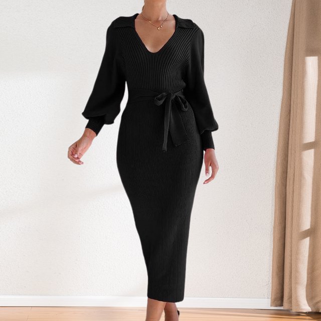 Vestido Vestido ajustado con cuello en V Vestido de punto para mujer con cinturón Túnica Vestido largo Traje de vacaciones Cgtredaw Negro T M para Mujer