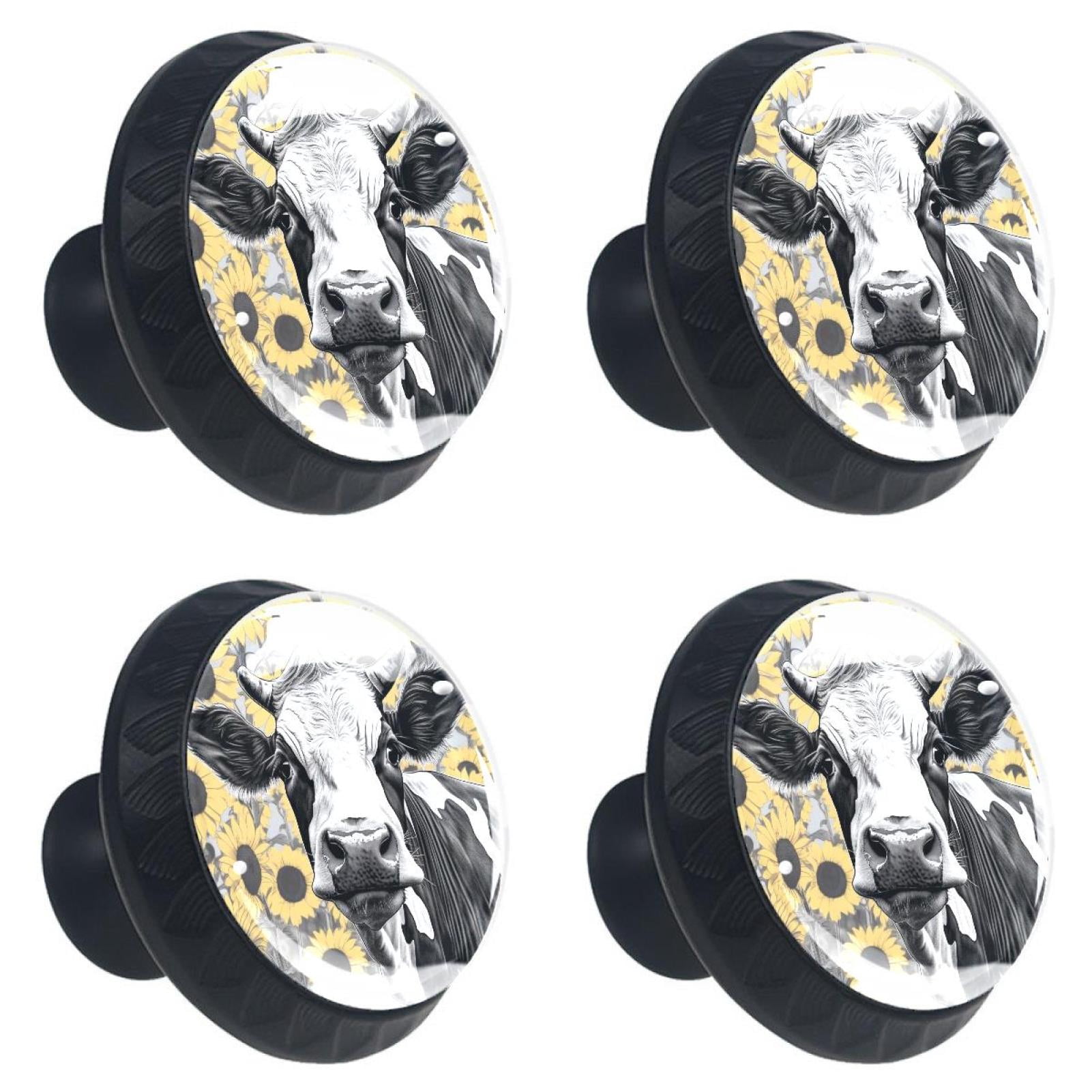 4 Pcs Cow and Sunflower Knobs for Kitchen Cabinet Cupboard Dresser Bookcase Drawer Pulls Handles Round Home Decor