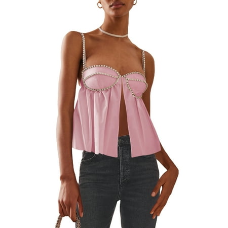 

Thaisu Women Straps Summer Tops Rhinestone Trim Sleeveless Backless Sling Tank Camisoles Vests