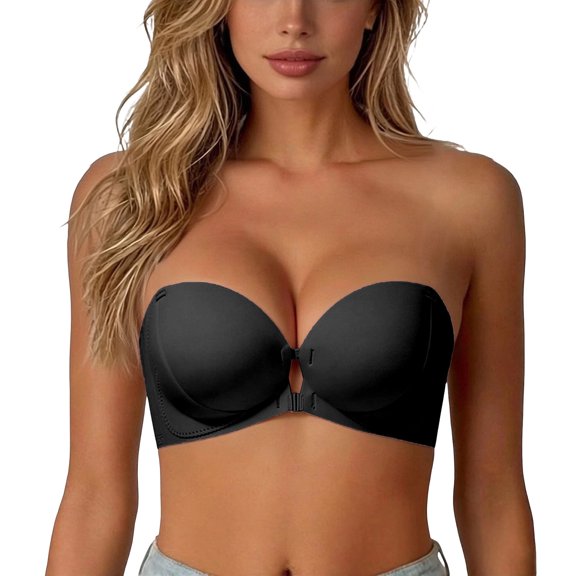 FUZHIQ Strapless Bra for Women Wireless Front Closure Push up Padded Non Tube Jelly Bra, Convertible Strapless Bras