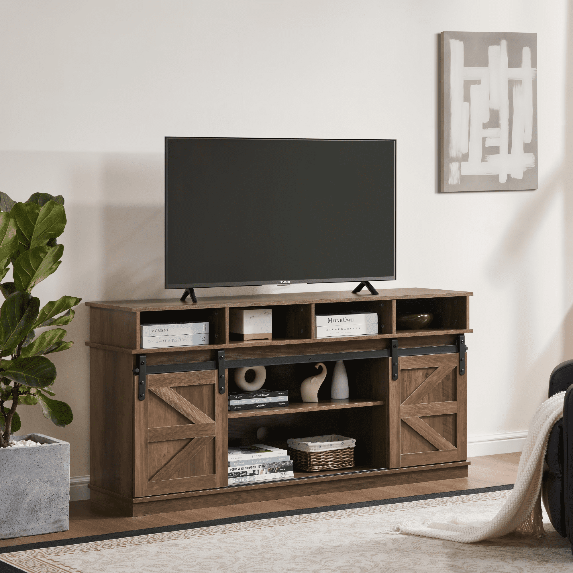 Aukfa Farmhouse Sliding Barn Door TV Stand for TVs Up to 65",Storage Cabinet Table,Brown