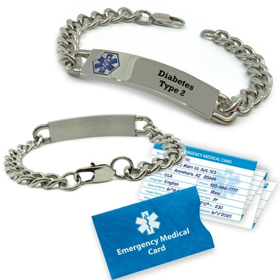 Pre-engraved "DIABETES TYPE 2" Traditional Stainless Steel Curb Link Medical Alert Bracelet. Includes Shipping & Medical Wallet Card. Complimentary Access PHR (Personal Health Record)