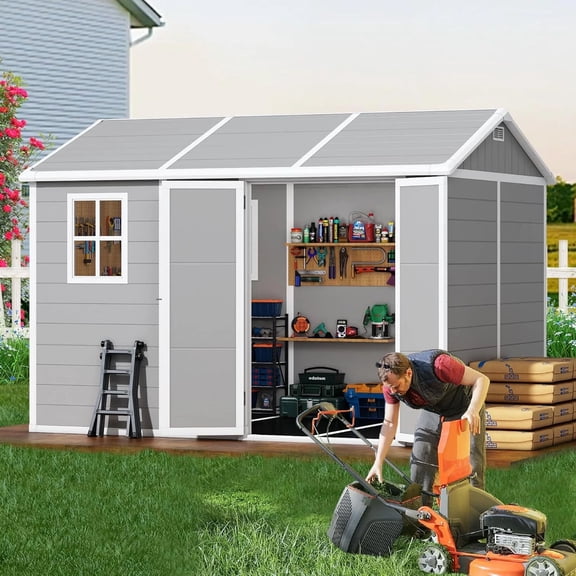 Cuoote 10'x8' FT Outdoor Storage Shed Kit with Lockable Door, Thermoplastic Synthetic Resin, Tool Storage, Gray
