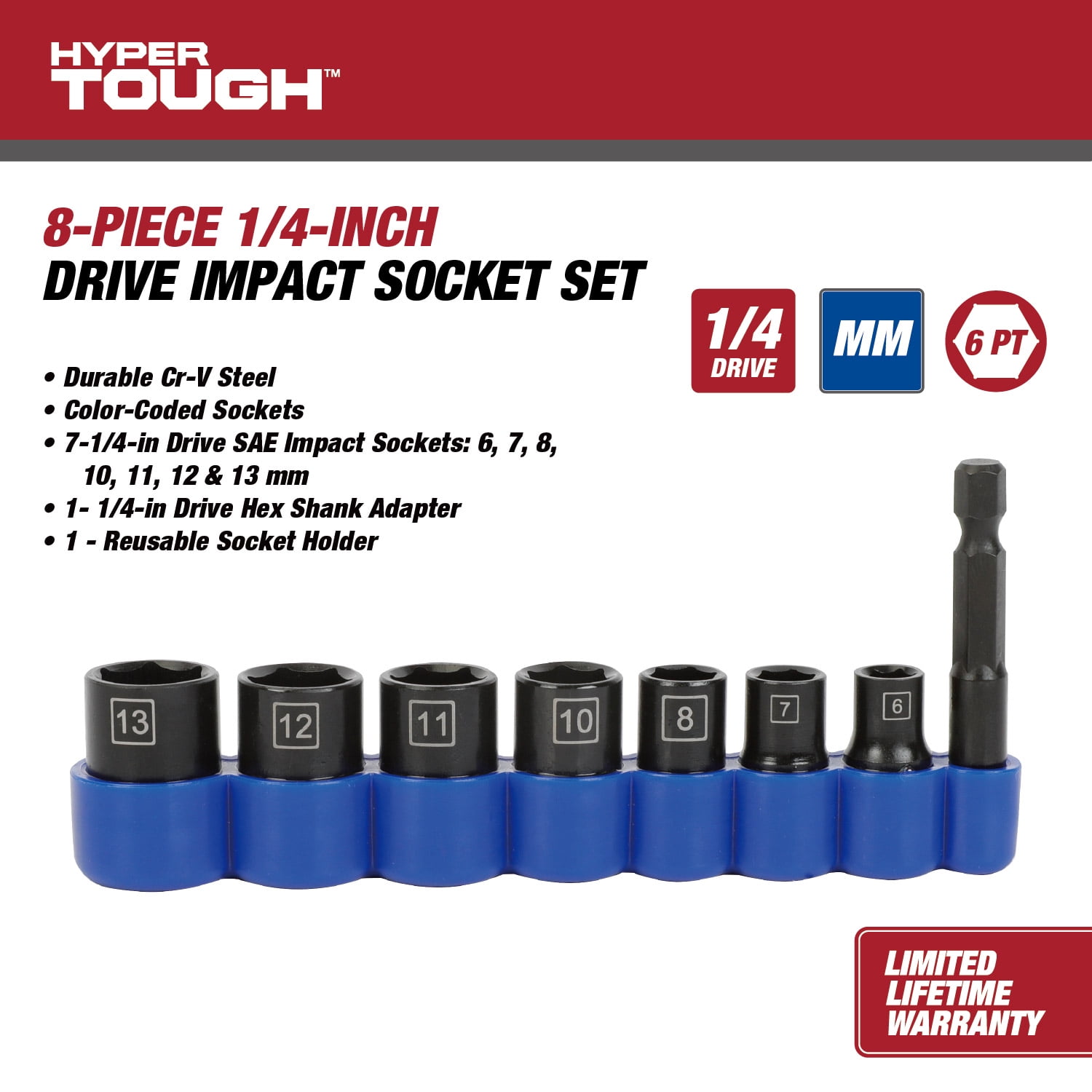 Hyper Tough 8-Piece 1/4-inch Drive Impact Socket Set (MM)