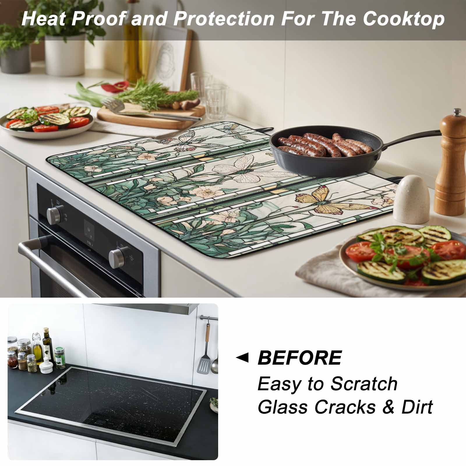 Retro Butterfly Stove Top Cover for Electric Stove, Heat-proof & Non Slip Glass Top Stove Cover Protector, Green Spring Floral Botanical Kitchen Flat Cooktop Rubber Mat 24x21 Inches