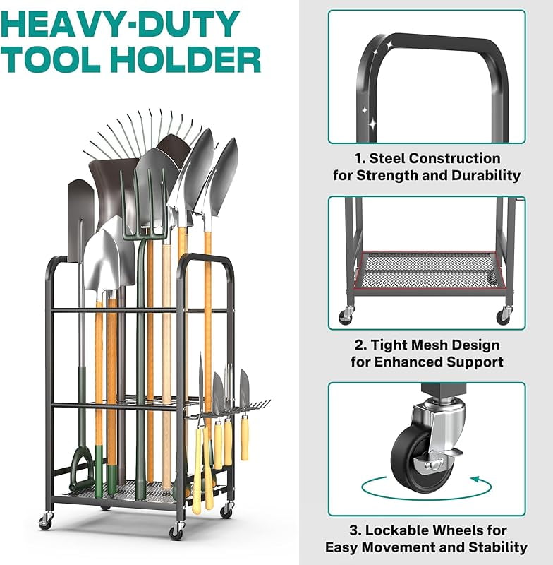 Garden Tool Organizer Stand, Garage Tool Storage Organization, Yard Tool Racks with lockable wheels, Fit for Long-Handled Tools/Rakes/Brooms