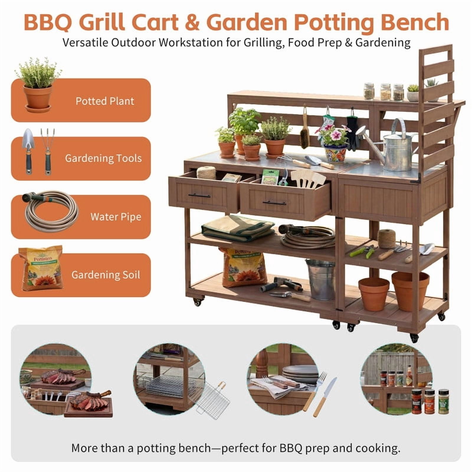 62.3''W Outdoor Kitchen Island Set of 2 with Stainless Table Top, Garden Potting Bench with Shelf and Drawers, BBQ Prep Grill Table