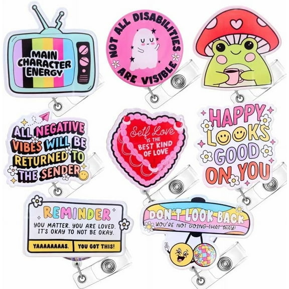 YJ PREMIUMS 8PC Badge Reel Cute | Cute Retractable Badge Holder ID Clip Name Tag | Frog Mushroom Kawaii Mental Health Self Love Positive Motivation Nurse Nursing Week Social Worker Accessories Gifts