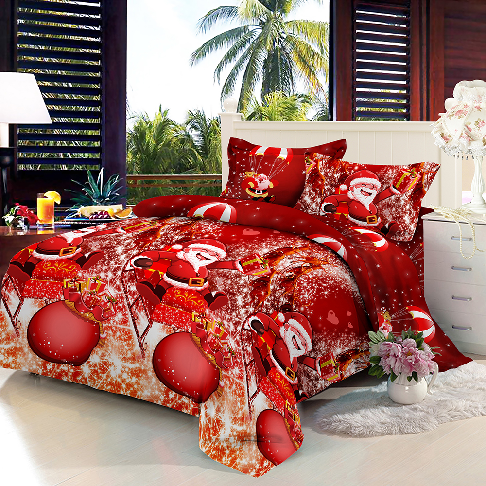 Christmas Santa Bedding Set Polyester 3D Printed Duvet Cover + 2pcs Pillowcases + Bed Sheet Set 