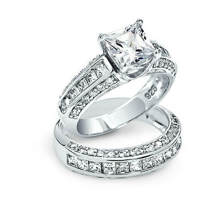 Princess Cut Pave Set - 3CT Art Deco Style Square Princess Cut Solitaire AAA CZ Pave Band Engagement Wedding Ring Set 925 Sterling Silver