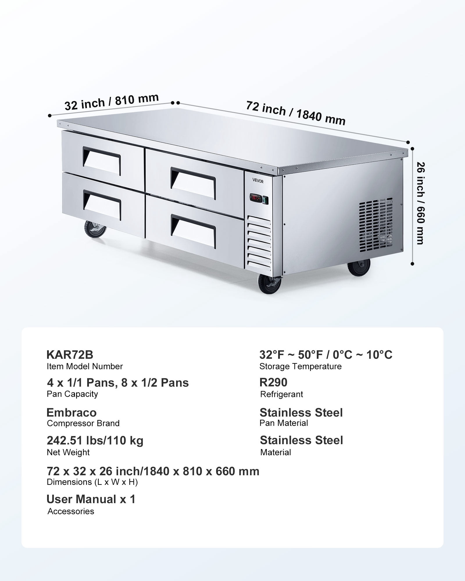 VEVOR Chef Base Refrigerator, 72" W Commercial Chef Bases Worktop Refrigerators, 4-Drawer Under Counter Fridge with 12 Pans Stainless Steel, Heavy-Duty Refrigerated Base, Invisible Door Handle