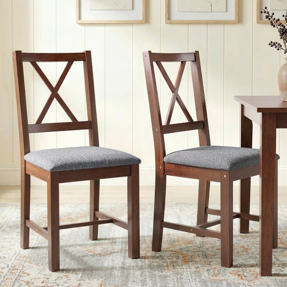 HOMCOM Wooden Dining Chairs Set of 2, Upholstered X-Back Kitchen Chairs with Rubberwood Legs and Padded Seat, Walnut