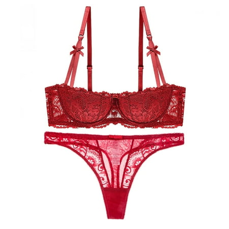 

Varsbaby Women s Demi-cup Bra See Through Thongs Red Lingerie Set