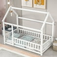 thumbnail image 2 of Twin Size House Bed with Roof and Fence Guardrails, Twin Size Floor Bed with Pine Wood Frame, Playhouse Bed for Children Girls and Boys, No Bed Slats, White, 2 of 8