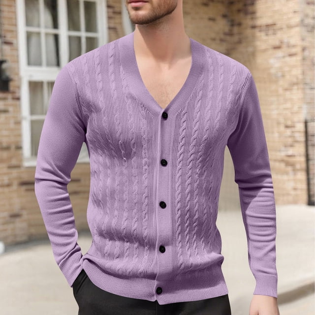 Men's Casual Long Sleeve Knit Cardigan Jacket with V-Neck and Jacquard Pattern, Hoodless Design for Layering, Perfect for Cool Weather and Everyday Fashion