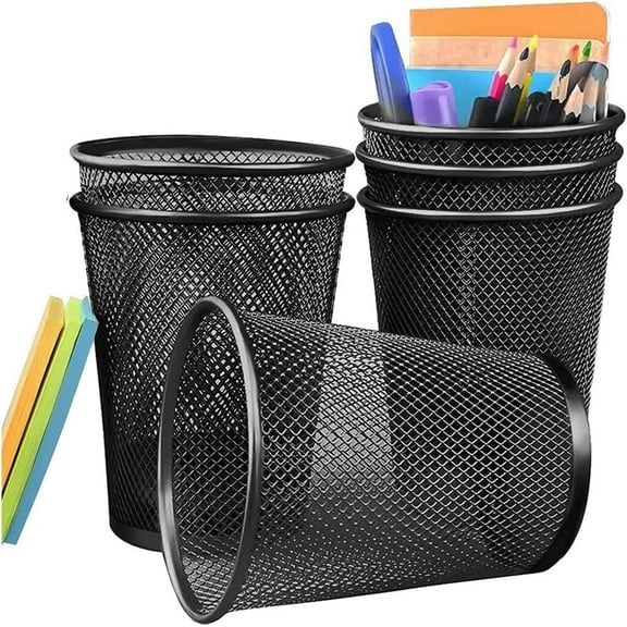 Pen Holder Mesh Pencil Holder, Metal Pen Holder Large Pencil Holder,Premium Mesh Metal Pencil Holder for Desk Office Pen Organizer Black, 6 Pack