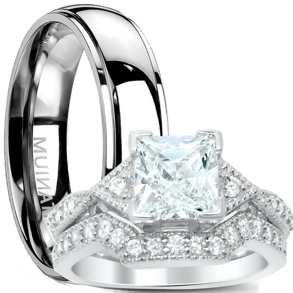 LaRaso & Co His Her Wedding Set TRIO 3 Piece Silver Titanium Wedding Engagement Ring Set 10/11