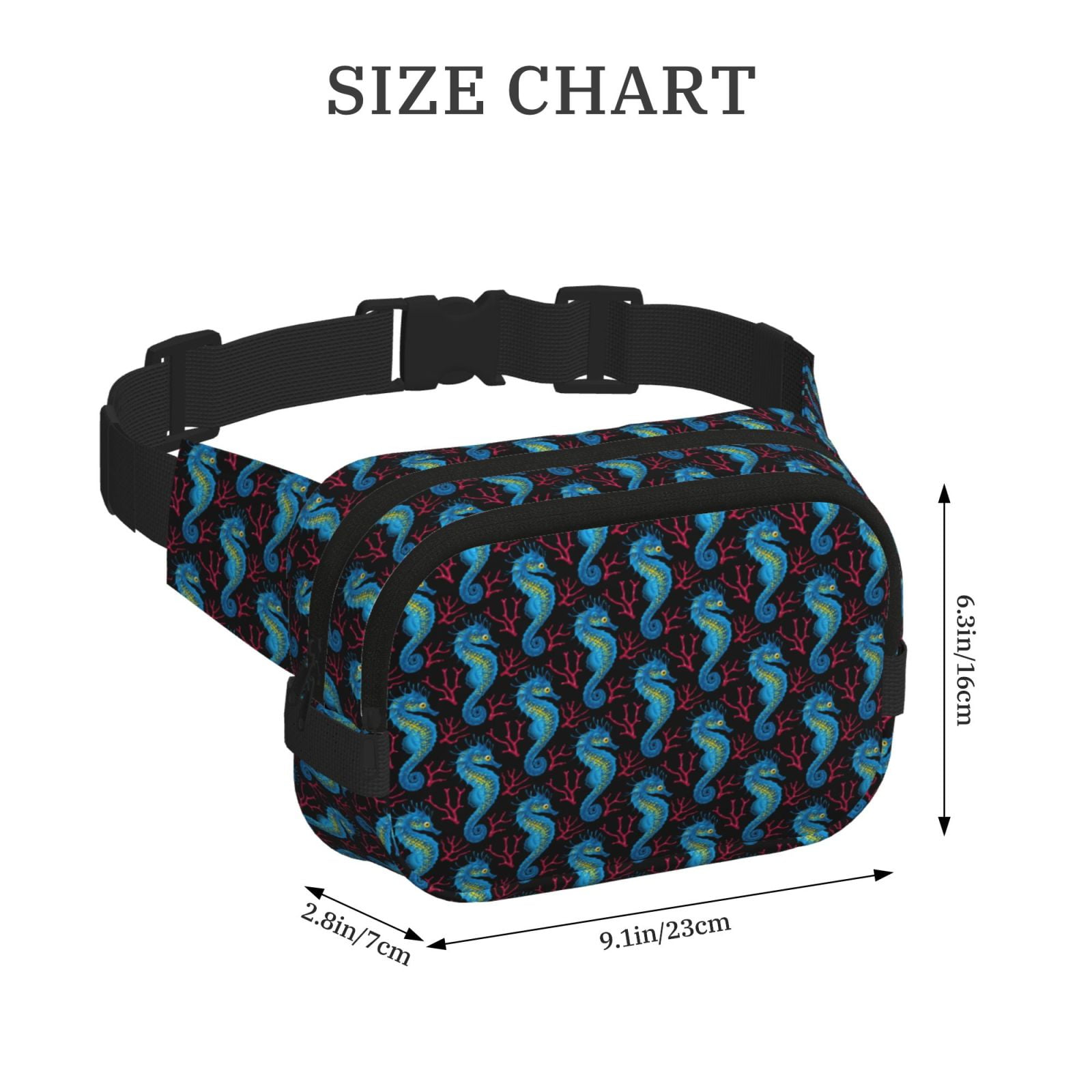 Picia Blue Seahorse Print Square Double-Layer Waist Bag Mini Adjustable Waist Belt Bag Exercise Running Travel Hiking