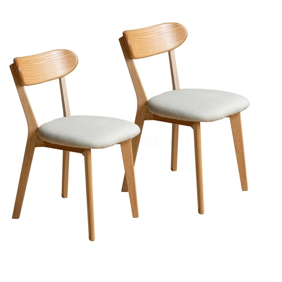 Set of 2 Solid Oak Wood Dining Chairs, Natural Brown Upholstered Seats for Kitchen & Dining Room
