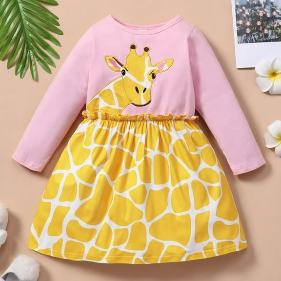 YEEDISON Baby Dress Children's Dress Autumn and Winter Girls Dress Cotton Giraffe Print Party Girl Dress for 18M-6Y