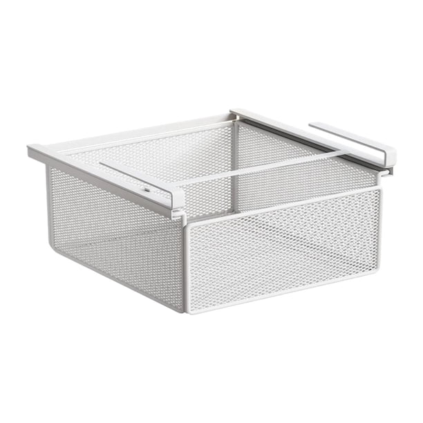 Organizador de cajones para debajo de escritorios, cesta de almacenamiento deslizante para debajo de estantes de despensa. Blanco