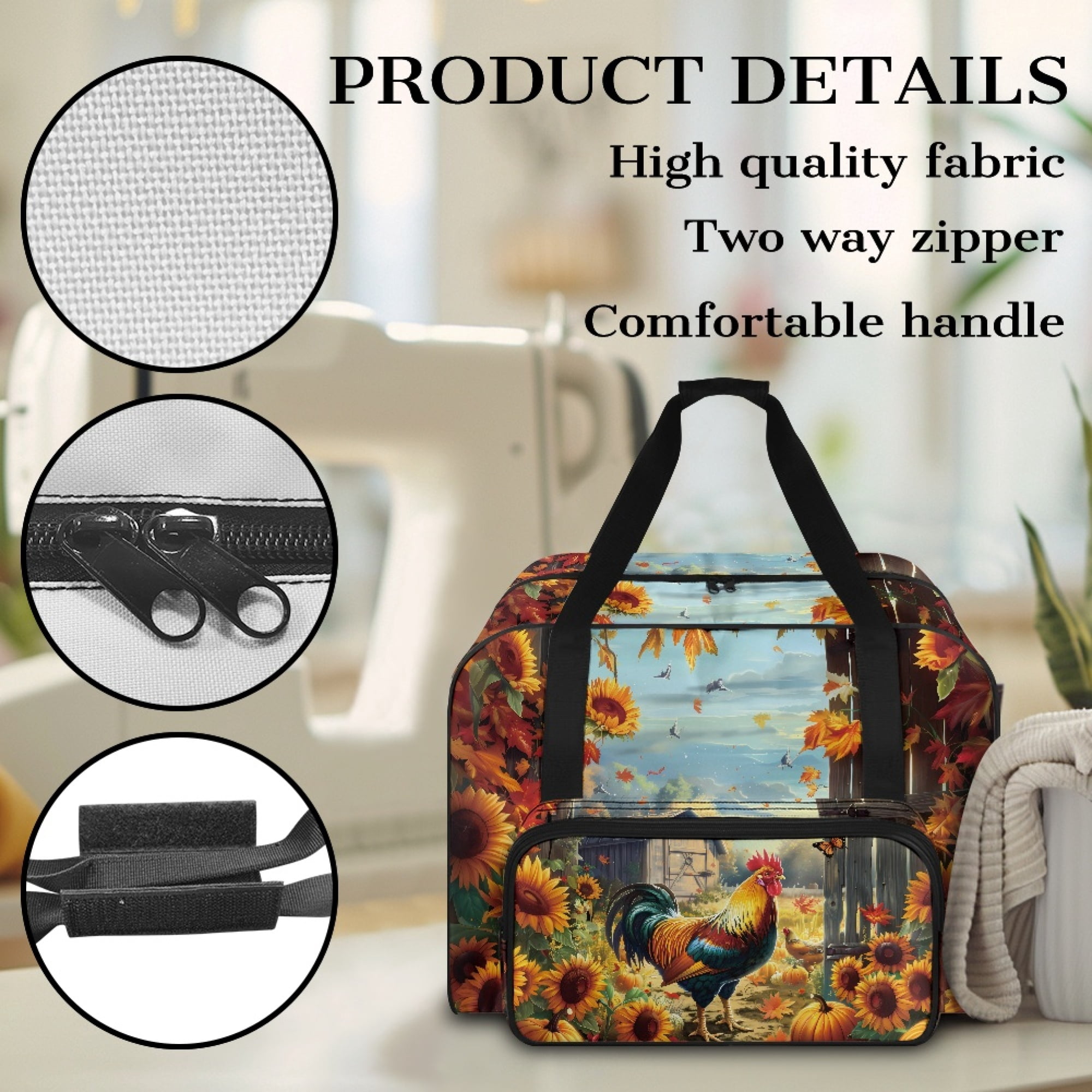 ZIATUBLE Cock Sunflower Portable Carrying Totes Pumpkin Traveling Bag with Zipper Carry Case with Storage Pockets and Handles with Storage Pocket Portable Sewing Machine Handbag