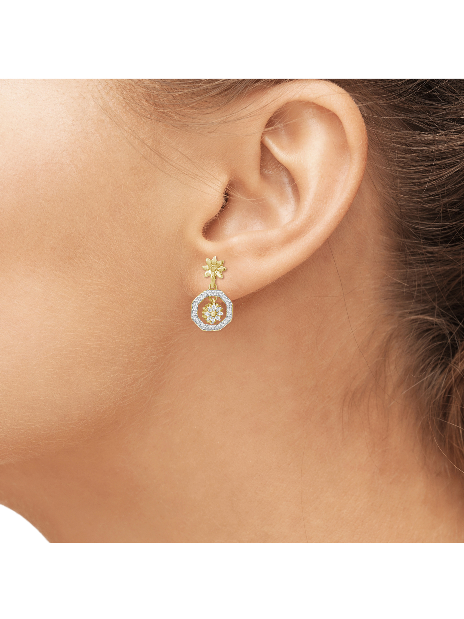 JewelersClub 1/7 Carat T.W. White Diamond 14K Gold Over Silver Flower Octagon Huggie Earrings