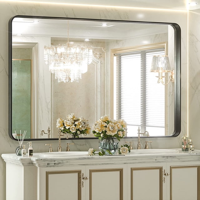 TETOTE Black Bathroom Mirror, 55x36 Inch Matte Metal Frame Modern Farmhouse Decor Rectangular Large Entryway Vanity Wall Mounted Mirror (Horizontal/Vertical)