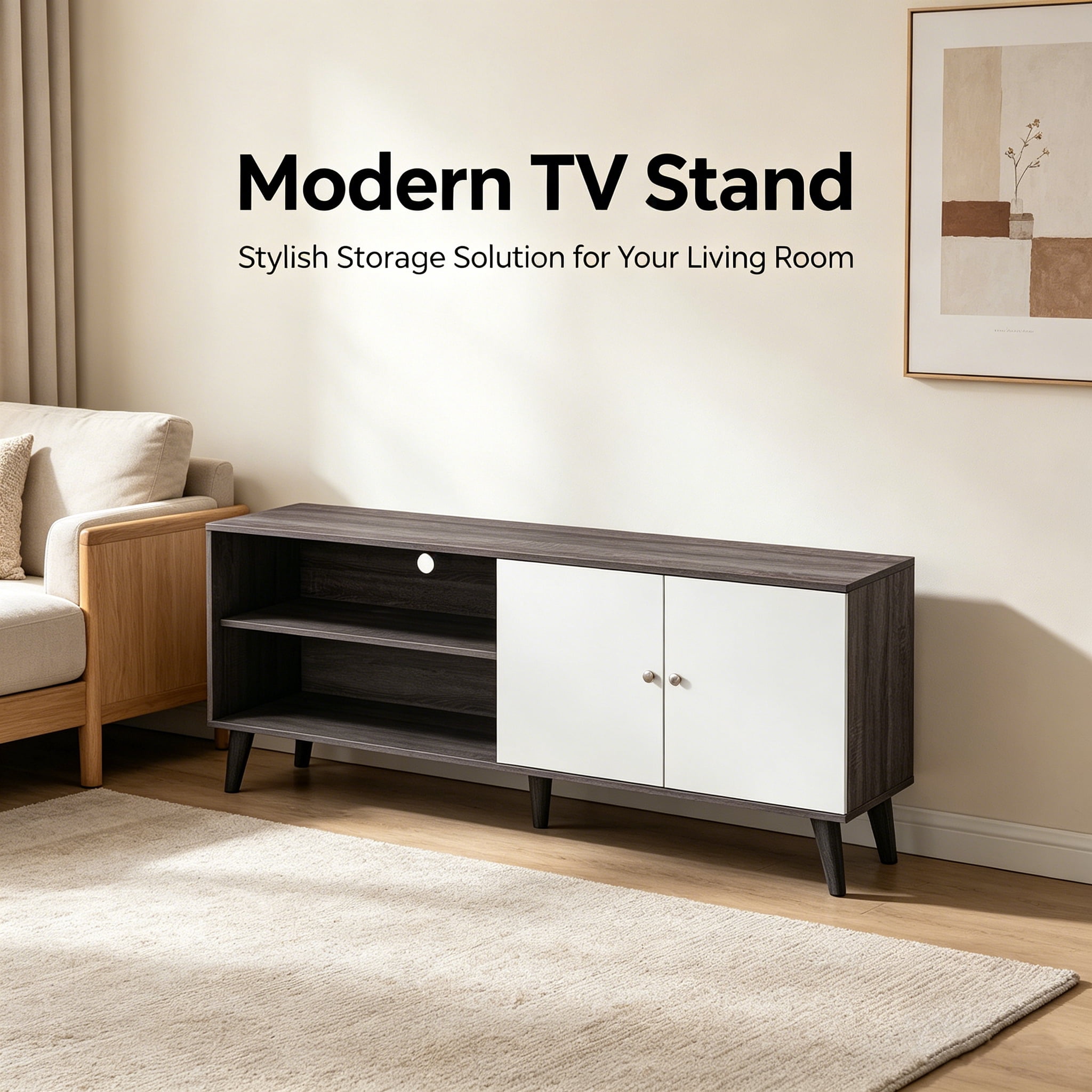 Aukfa Mid-Century Modern TV Stand for TVs up to 65", Wood Entertainment Center with 2 Doors, Low Profile Media Console,Gray