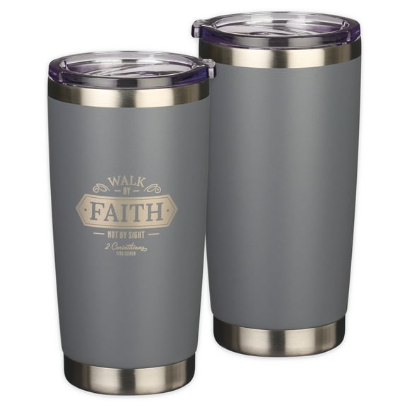 Christian Art Gifts Stainless Steel Double Wall Vacuum Insulated Tumbler Travel Mug for Men & Women: Walk by Faith - 2 Cor. 5:7 Bible Verse, Clean Hot/Cold Drinkware, Gray, 18 oz.