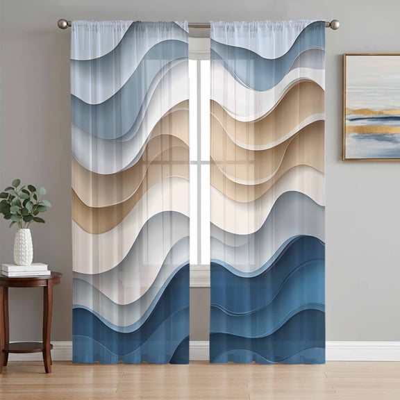 Beige Blue Ombre Semi Sheer Curtains 96 Inch Length 2 Panels Set, Moire Abstract Artwork Sheer Kitchen Curtain Privacy Voile Window Curtain for Living Room Bedroom Rod Pocket Drapes